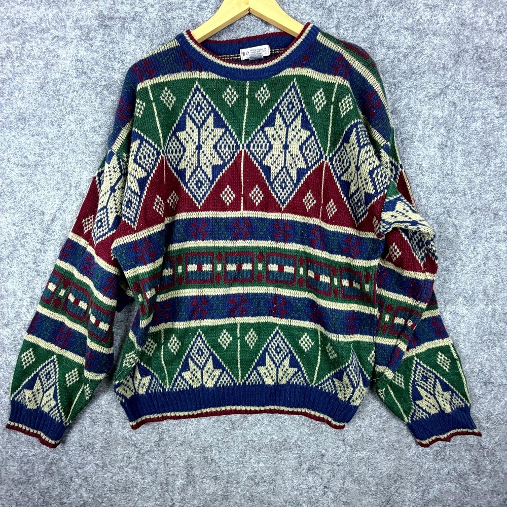 Vintage Windridge Sweater Mens Large Dark Moody Fair Isle Crew Neck Apres Ski